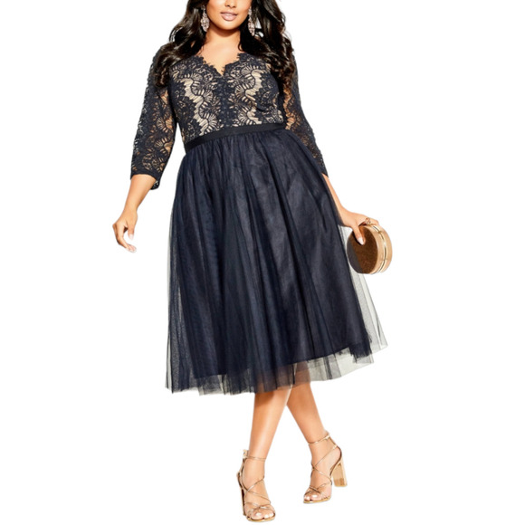 City Chic Black Rare Beauty Midi Dress Sz 20 Large New Lace Tulle Skirt Floral